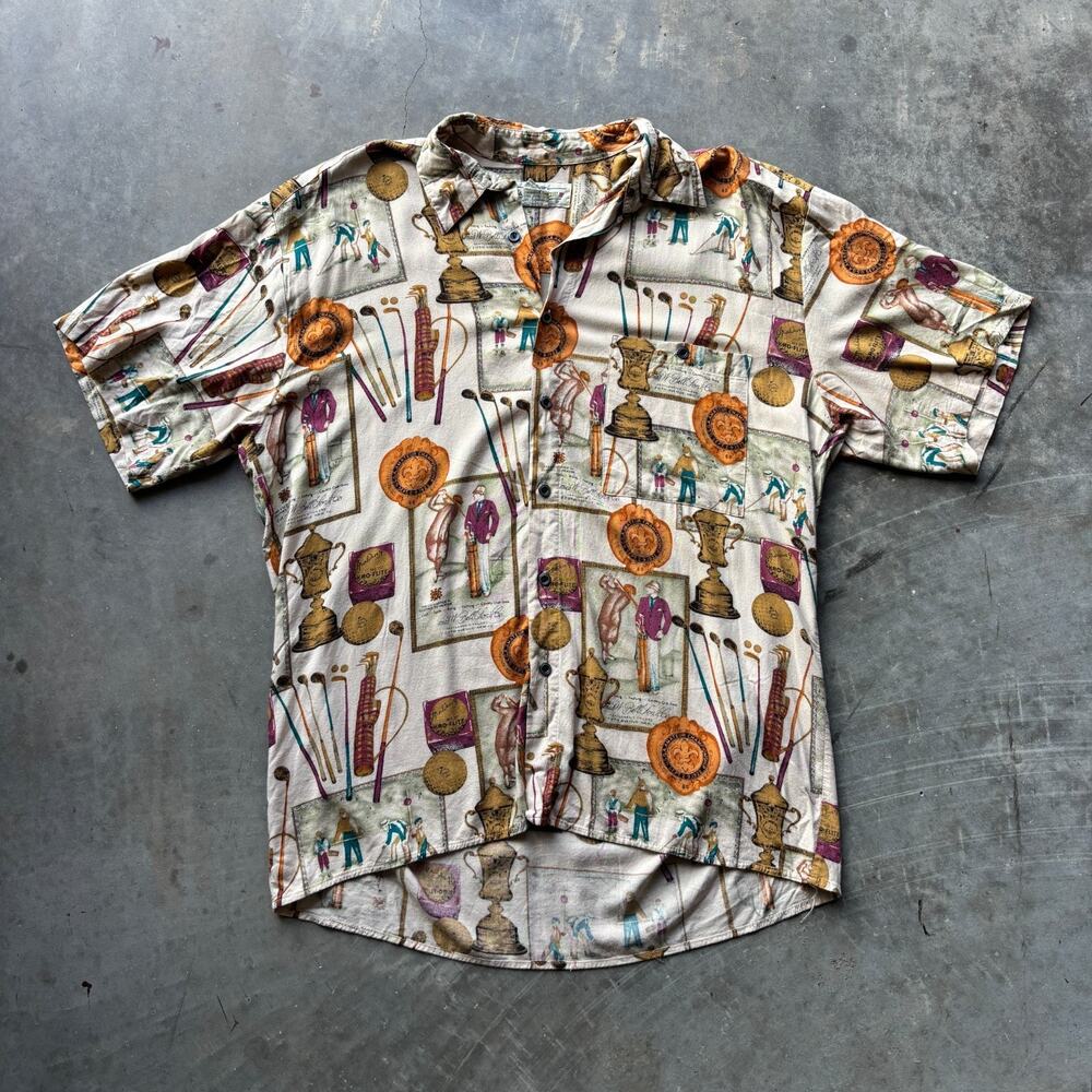 Natural Issue By FELDINI Button Up Short Sleeve Shirt Men's M Beige Golf Print